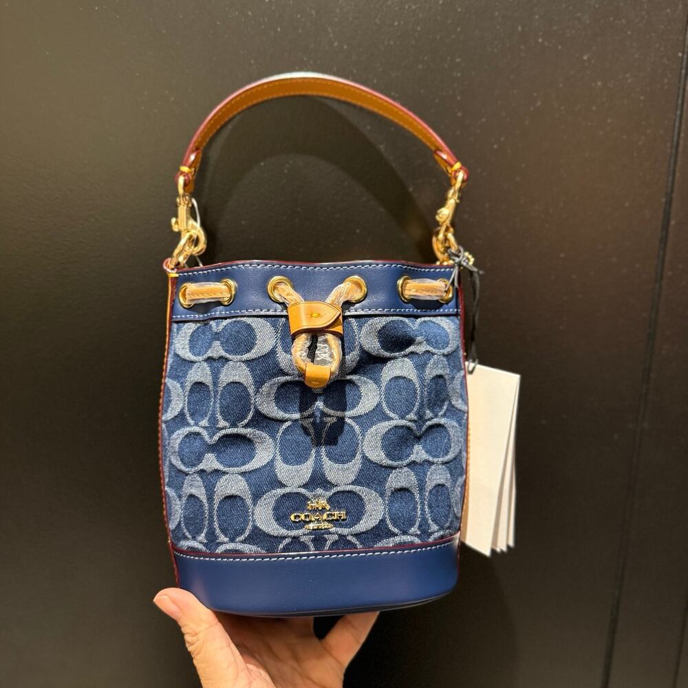 Coach Blue Denim Signature Drawstring Crossbody Bag with Tan Trim - Picture 11 of 12